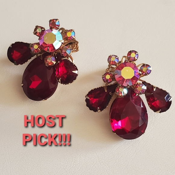 Vintage Aurora Borealis Ruby Rhinestone Earrings - Picture 2 of 16